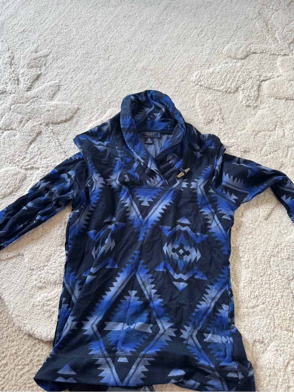 Chaps women’s Cherokee Navy and Cobalt Aztec Shawl-Collar Pullover